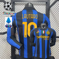 Front and back views of a blue and black striped Inter Milan long-sleeve jersey with yellow Lautaro number 10 print, club crest and Betsson Sport sponsor, alongside UCL and Serie A graphics.