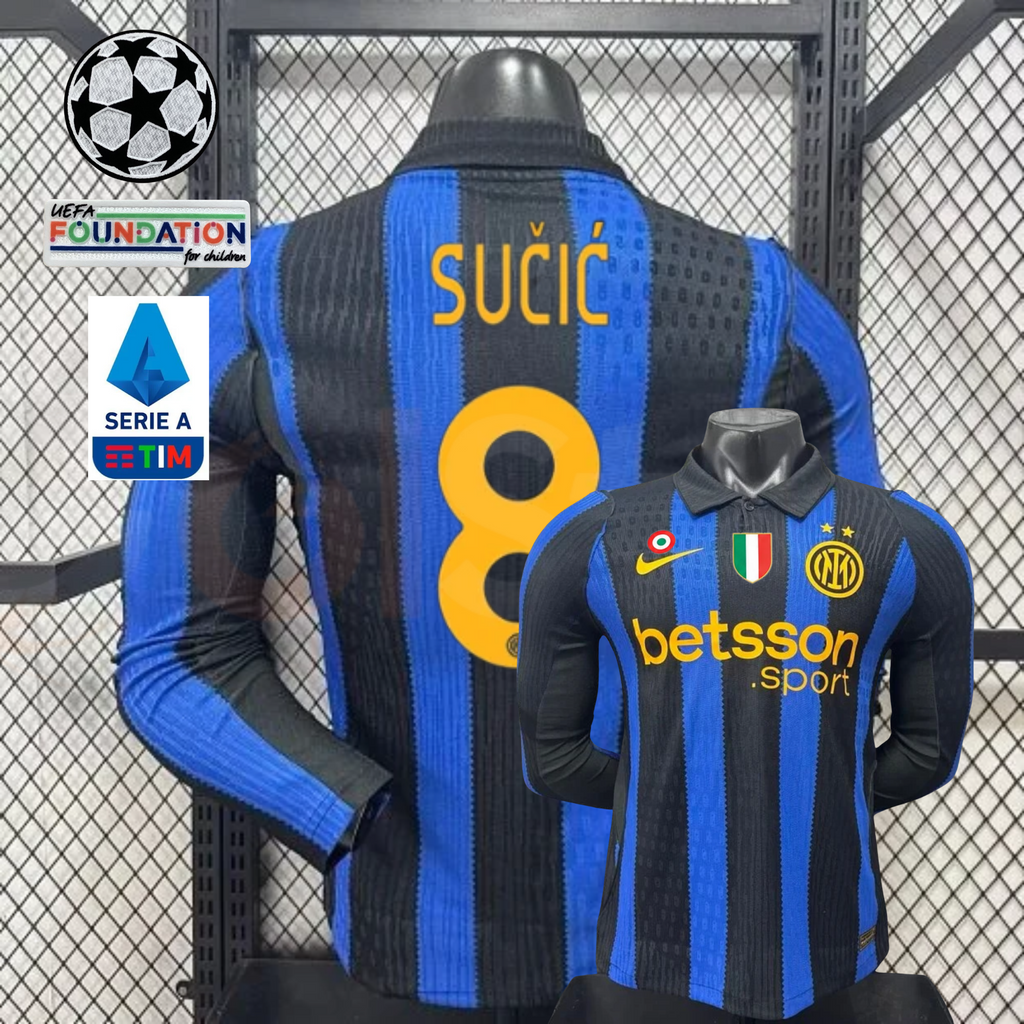  Front and back views of a blue and black striped Inter Milan long-sleeve jersey with yellow Sučić number 8 print, club crest and Betsson Sport sponsor, alongside UCL and Serie A graphics.