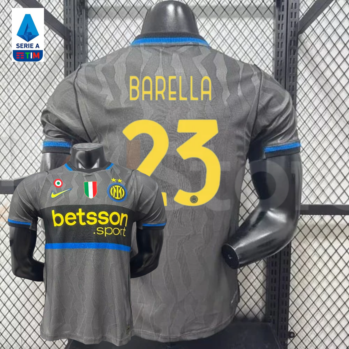 Front and back views of a grey Inter Milan short-sleeve third jersey with blue trim, yellow Barella number 23 print and Betsson Sport sponsor, alongside a Serie A badge graphic.
