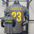 Front and back views of a grey Inter Milan short-sleeve third jersey with blue trim, yellow Barella number 23 print and Betsson Sport sponsor.