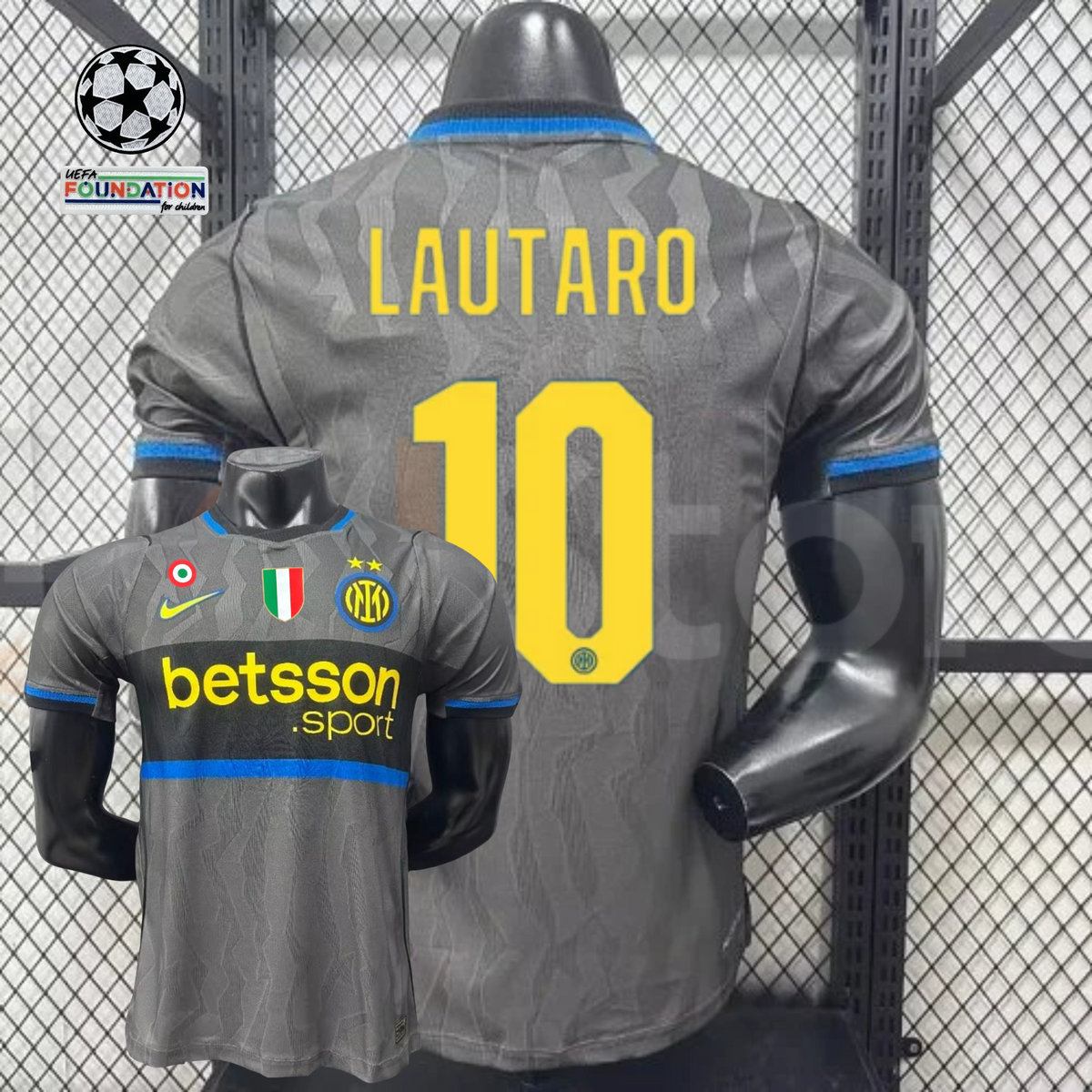 Front and back views of a grey Inter Milan short-sleeve third jersey with blue trim, yellow Lautaro number 10 print and Betsson Sport sponsor.