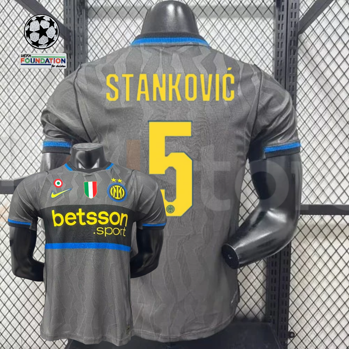 Front and back views of a grey Inter Milan short-sleeve third jersey with blue trim, yellow Stanković number 5 print and Betsson Sport sponsor.