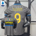 Front and back views of a grey Inter Milan short-sleeve third jersey with blue trim, yellow Thuram number 9 print and Betsson Sport sponsor, alongside a Serie A badge graphic.