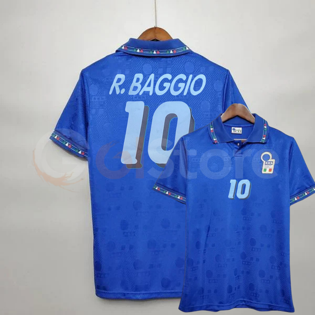 Front and back views of a blue Italy short-sleeve retro jersey with light-coloured R. Baggio number 10 print, a tonal pattern and tricolour detailing on the collar and cuffs.