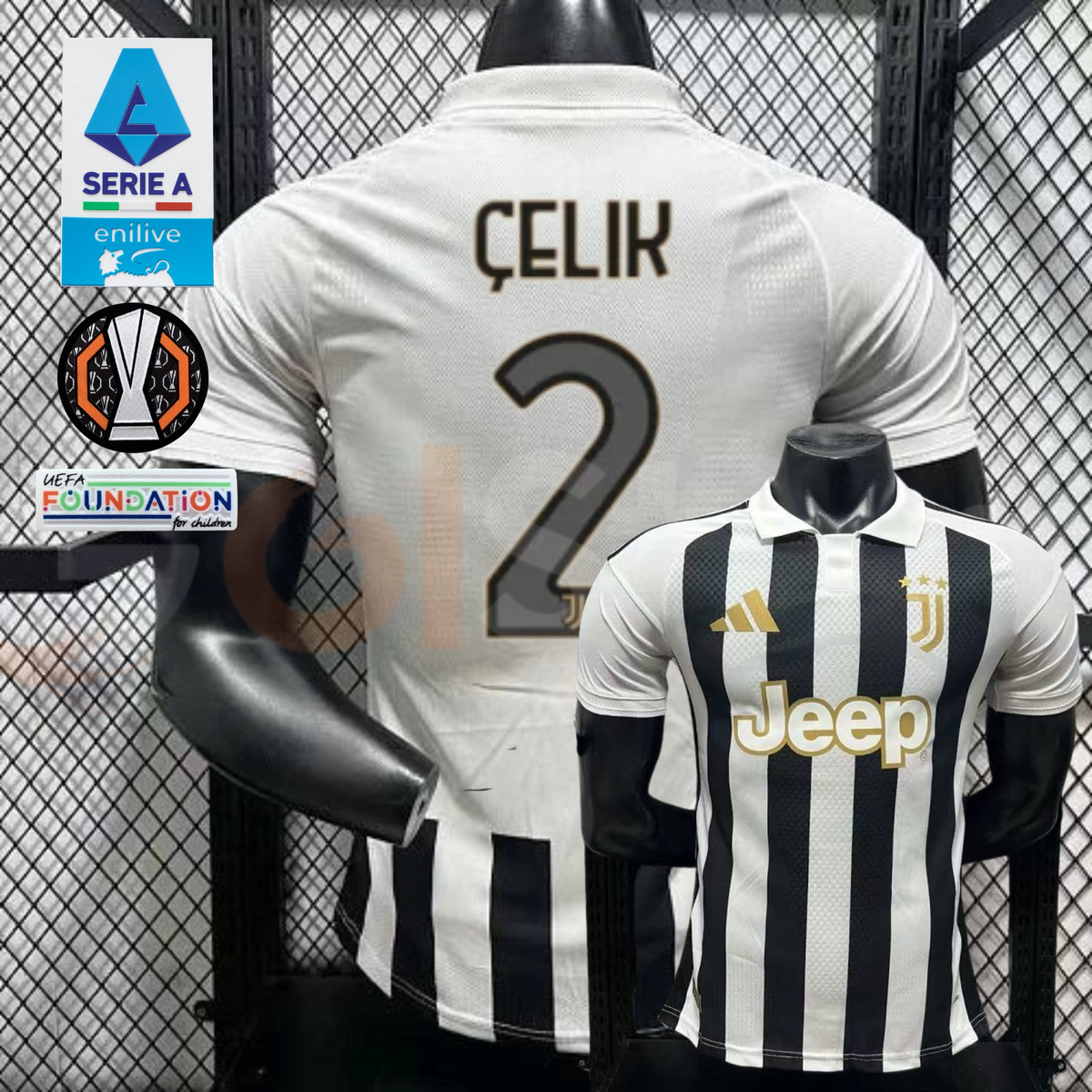Juventus black and white short-sleeve jersey, front and back views with ÇELIK 2 print, white polo collar and gold Jeep detailing.
