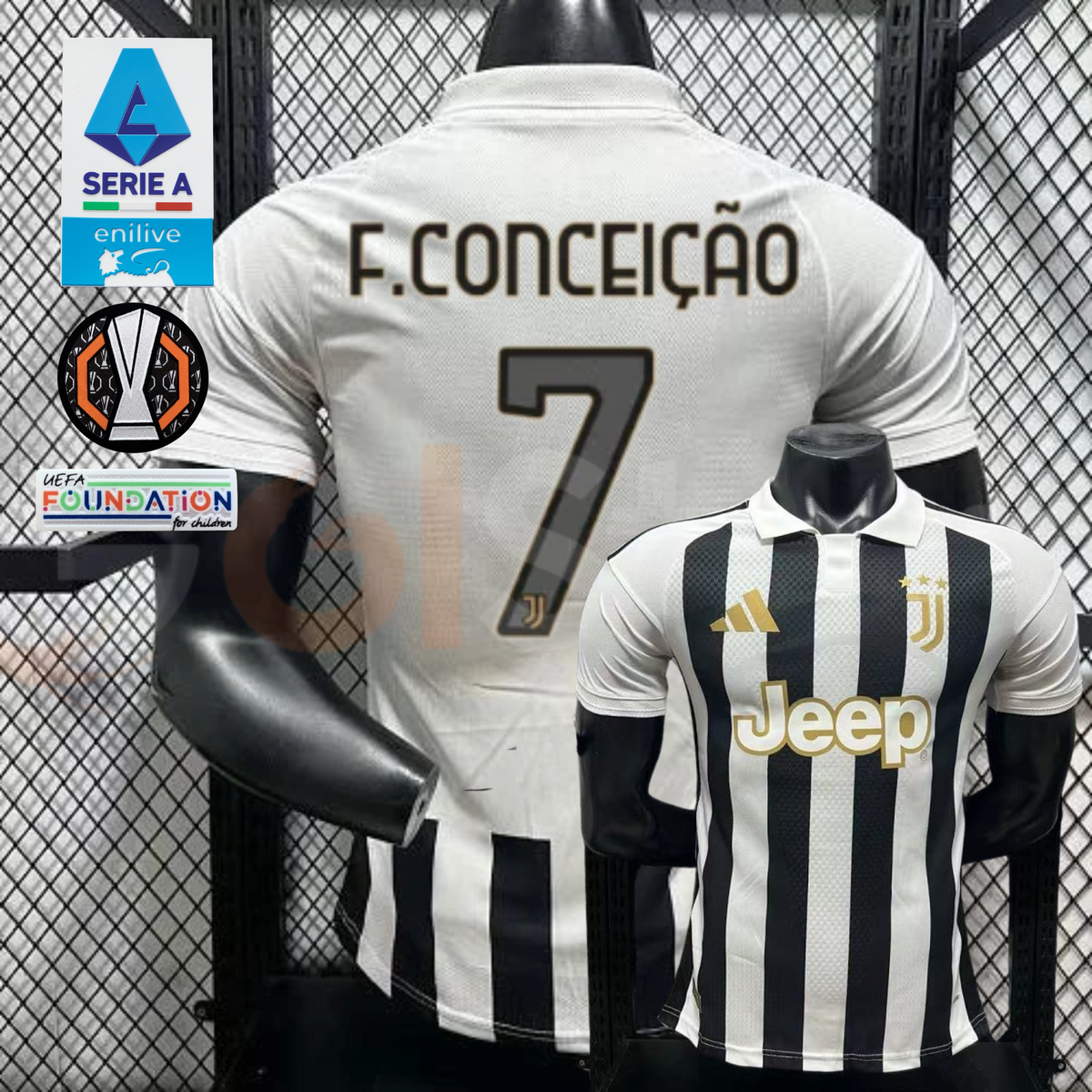 Juventus black and white short-sleeve jersey, front and back views with F. CONCEIÇÃO 7 print, white polo collar and gold Jeep detailing.
