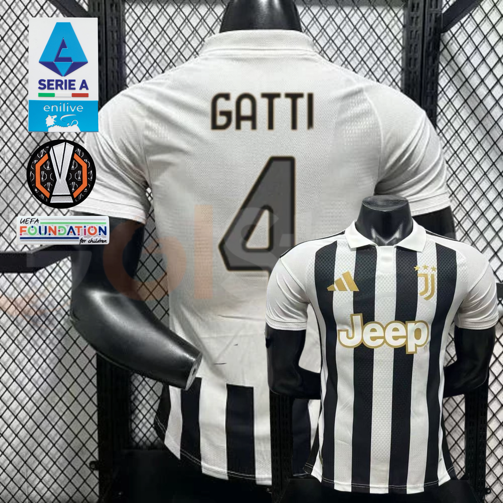 Juventus black and white short-sleeve jersey, front and back views with GATTI 4 print, white polo collar and gold Jeep detailing.

