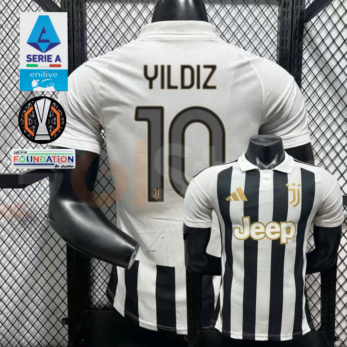 Juventus black and white short-sleeve jersey, front and back views with YILDIZ 10 print, white polo collar and gold Jeep detailing.
