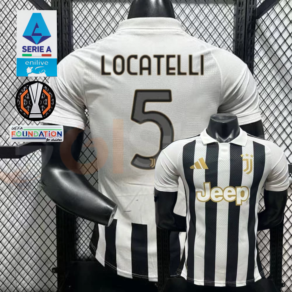 Juventus black and white short-sleeve jersey, front and back views with LOCATELLI 5 print, white polo collar and gold Jeep detailing.

