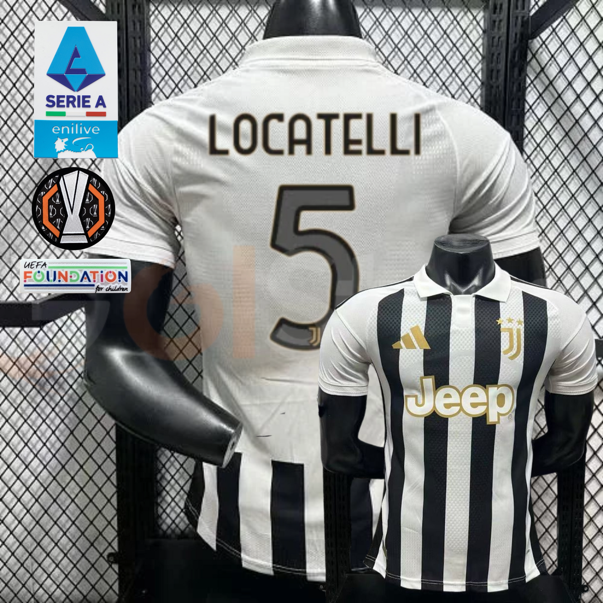 Juventus black and white short-sleeve jersey, front and back views with LOCATELLI 5 print, white polo collar and gold Jeep detailing.
