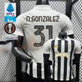 Juventus black and white short-sleeve jersey, front and back views with N. GONZALEZ 31 print, white polo collar and gold Jeep detailing.
