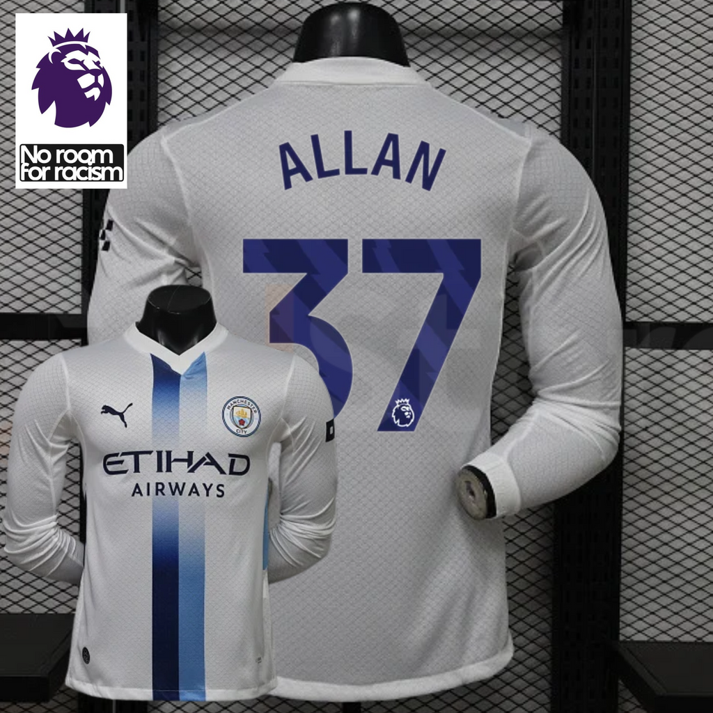 Front and back views of a white Manchester City long-sleeve jersey with blue central stripes and Allan number 37 print, alongside a Premier League graphic.