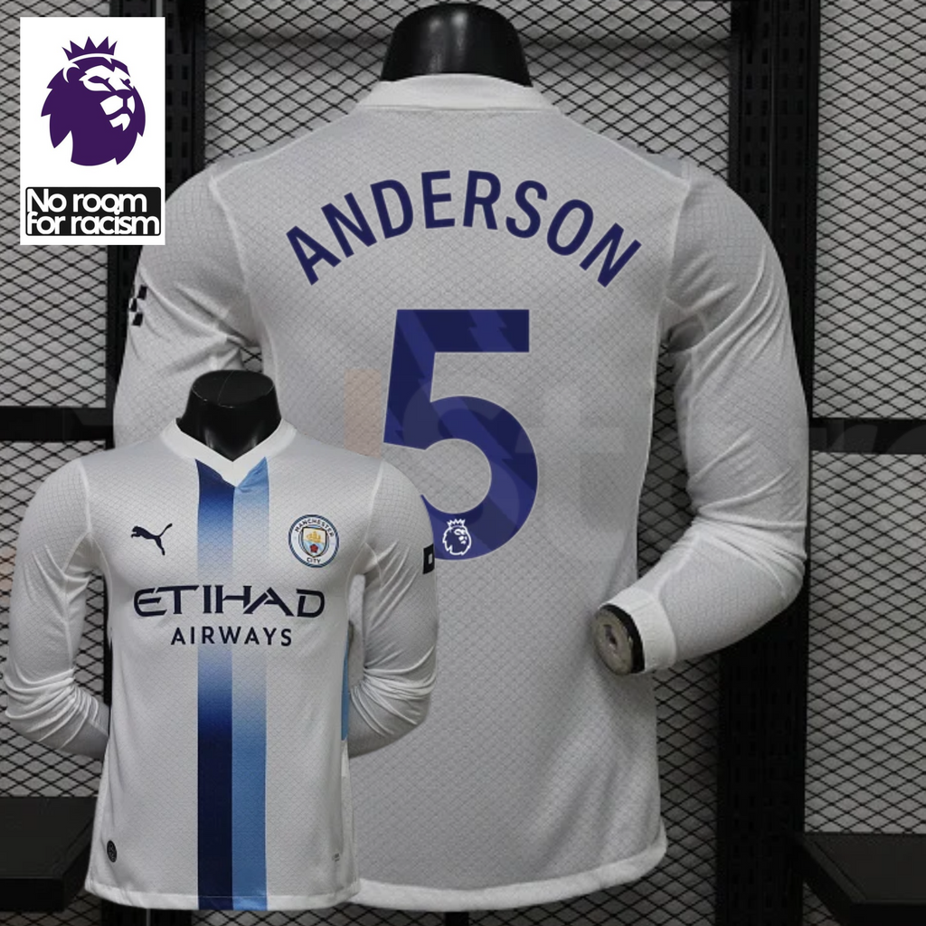 Front and back views of a white Manchester City long-sleeve jersey with blue central stripes and Anderson number 5 print, alongside a Premier League graphic.