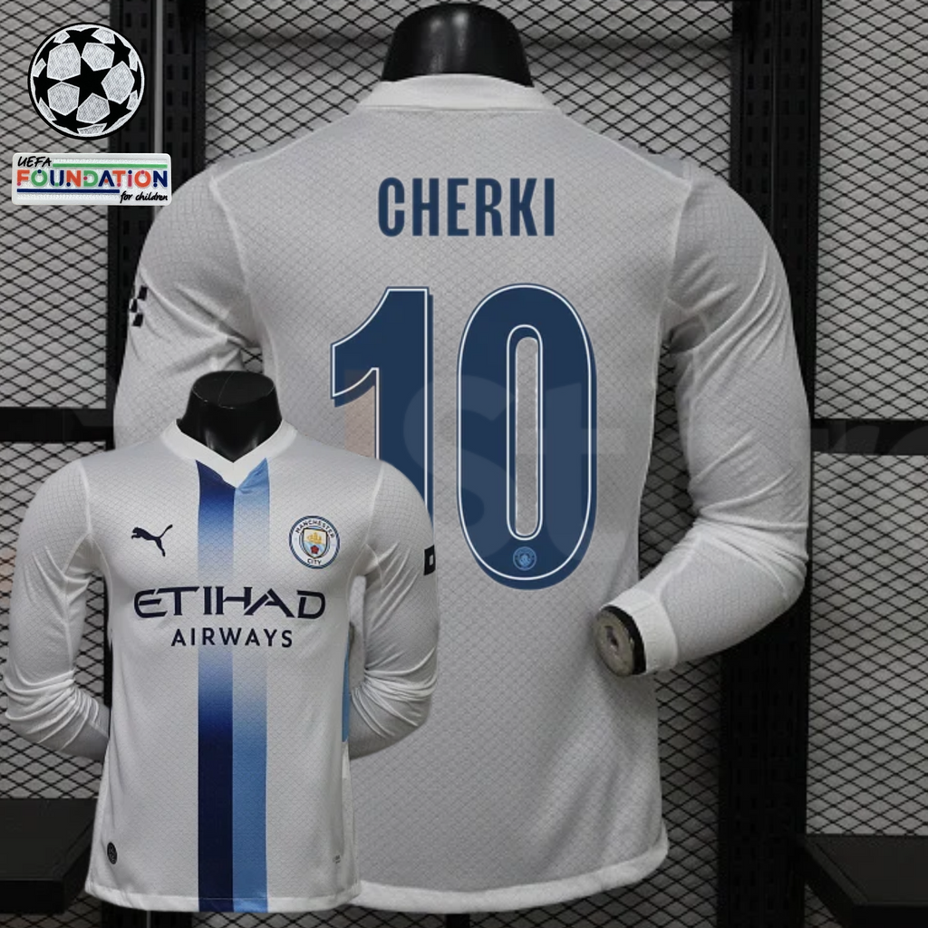  Front and back views of a white Manchester City long-sleeve jersey with blue central stripes, blue Cherki number 10 print and Etihad Airways sponsor, alongside UCL graphics.
