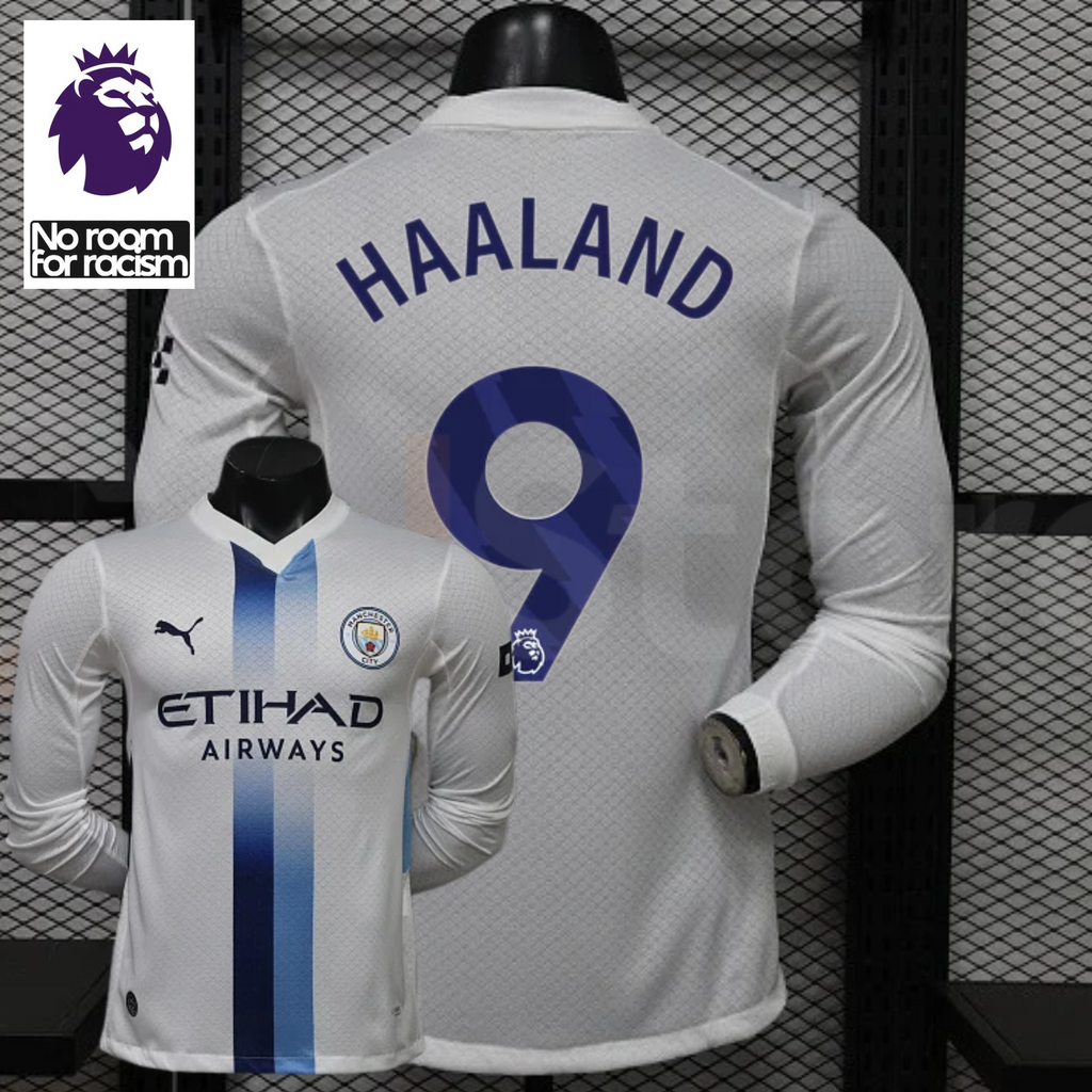 Front and back views of a white Manchester City long-sleeve jersey with blue central stripes and Haaland number 9 print, alongside a Premier League graphic.