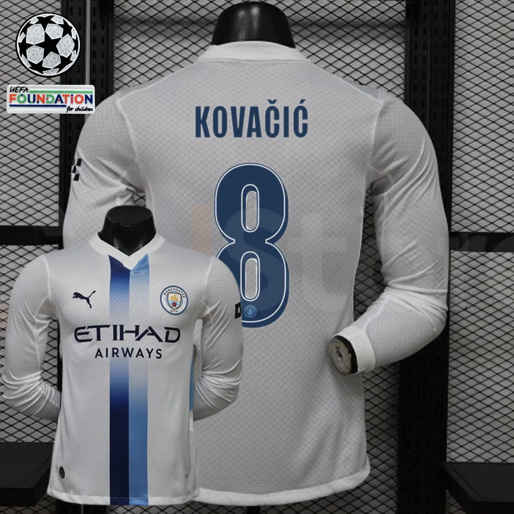 Front and back views of a white Manchester City long-sleeve jersey with blue central stripes, blue Kovačić number 8 print and Etihad Airways sponsor, alongside UCL graphics.