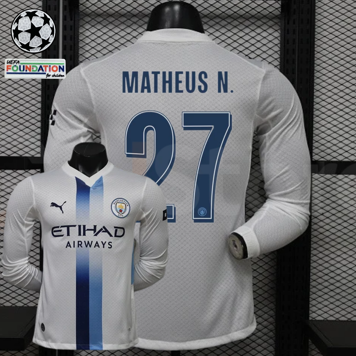 Front and back views of a white Manchester City long-sleeve jersey with blue central stripes, blue Matheus N. number 27 print and Etihad Airways sponsor, alongside UCL graphics.