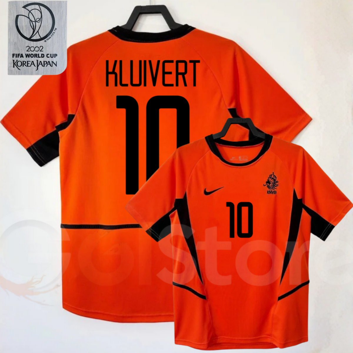 Netherlands orange short-sleeve retro jersey, front and back views with KLUIVERT 10 print, black collar and side panels, alongside a 2002 World Cup graphic.
