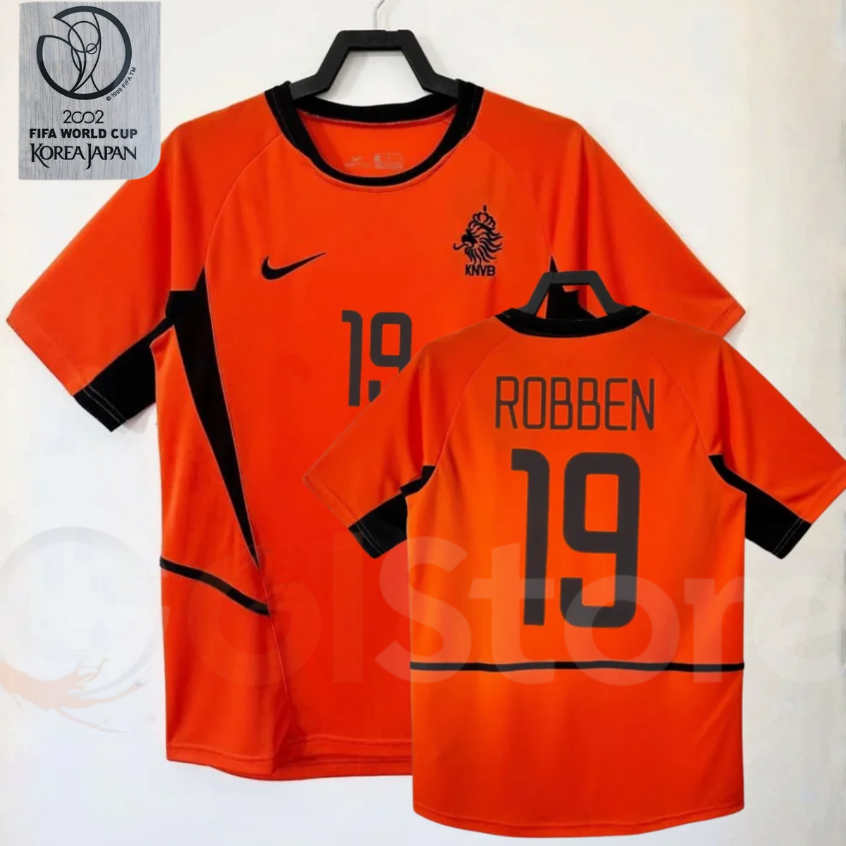 Netherlands orange short-sleeve retro jersey, front and back views with Robben 19 print, black collar and side panels, alongside a 2002 World Cup graphic.
