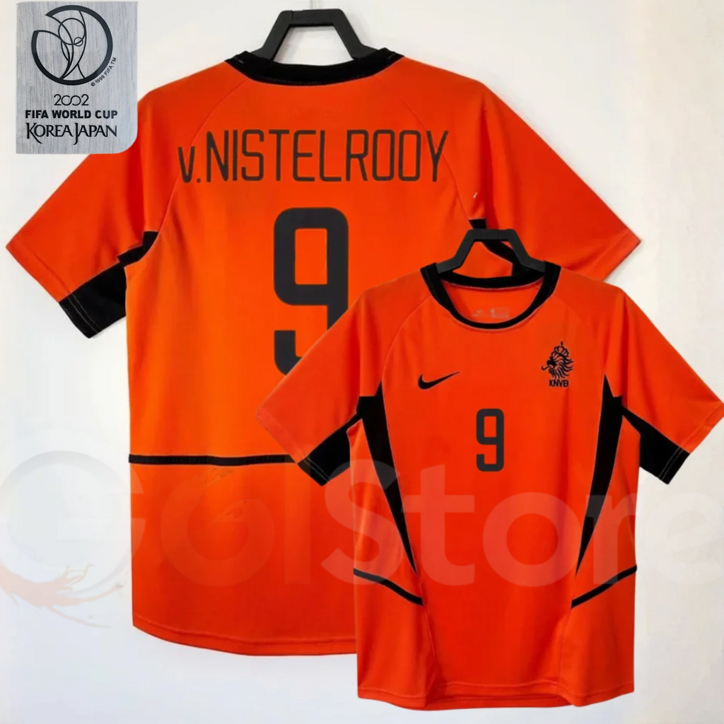 Netherlands orange short-sleeve retro jersey, front and back views with V. NISTELROOY 9 print, black collar and side panels, alongside a 2002 World Cup graphic.
