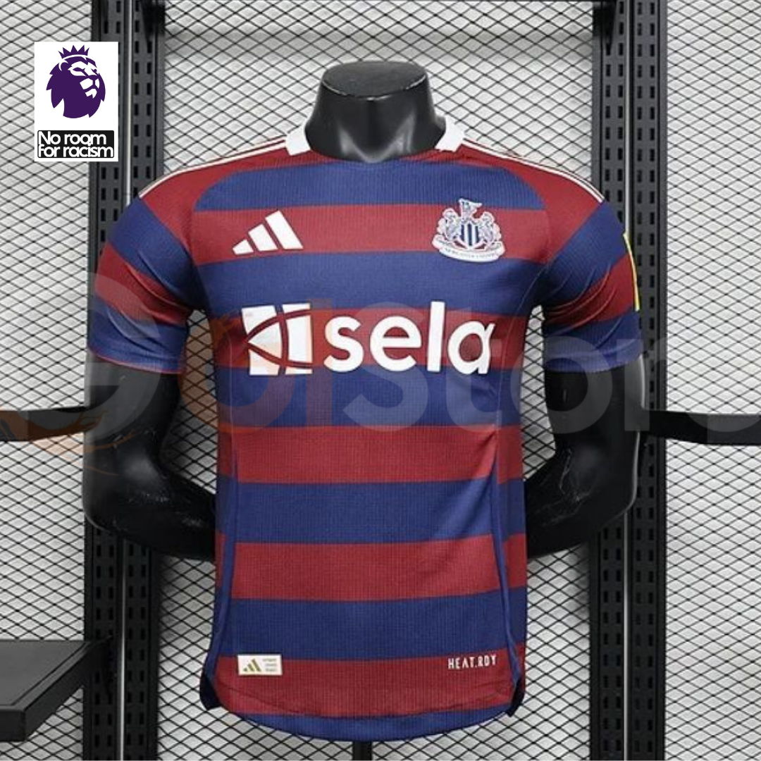 Front view of a Newcastle United short-sleeve jersey with burgundy and navy horizontal stripes, white club crest and Sela sponsor, alongside a Premier League badge graphic.