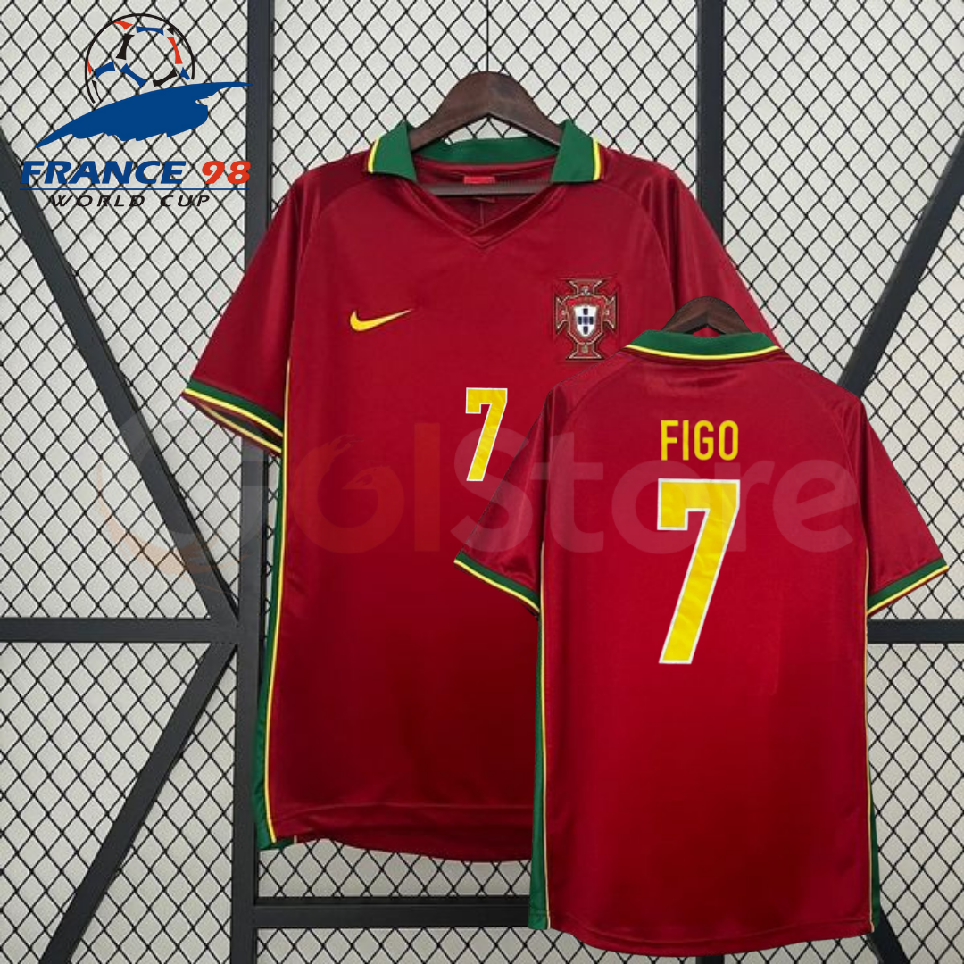 Front and back views of a red Portugal retro short-sleeve home jersey with green and yellow trim, yellow Figo number 7 print and Portugal crest.
