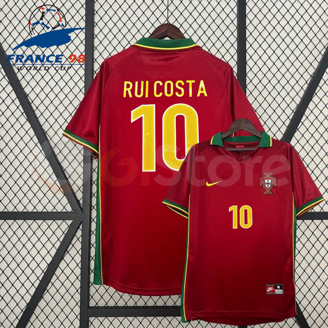  Front and back views of a red Portugal retro short-sleeve home jersey with green and yellow trim, yellow Rui Costa number 10 print and Portugal crest.