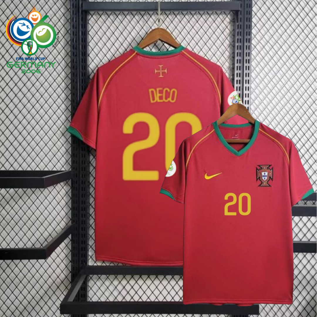 Portugal 2006 retro red short-sleeve home jersey, front and back views with gold Deco #20 lettering, green collar and sleeve trim, national team crest and World Cup sleeve patches.