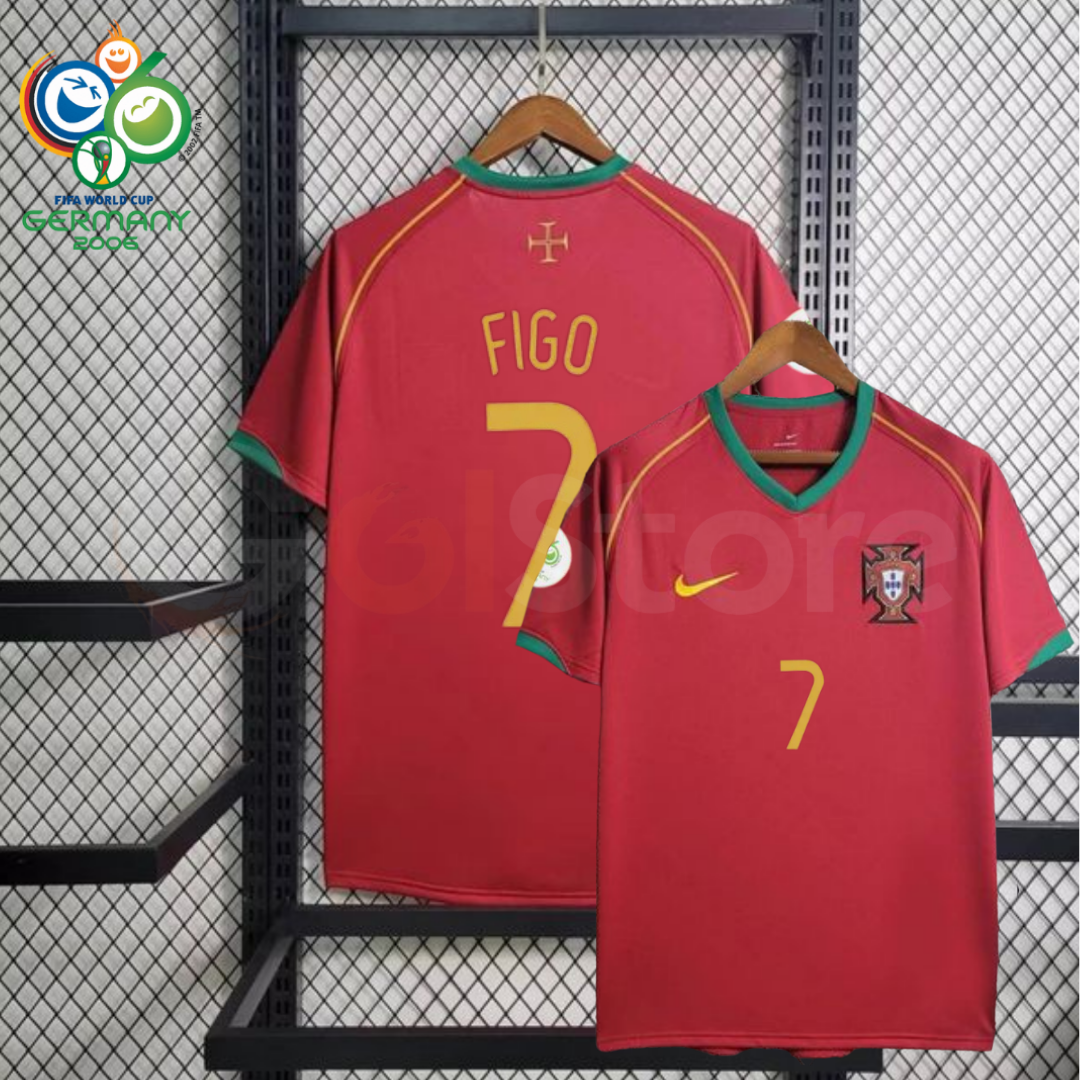 Portugal 2006 retro red short-sleeve home jersey, front and back views with gold Figo #7 lettering, green collar and sleeve trim, national team crest and a World Cup sleeve patch.