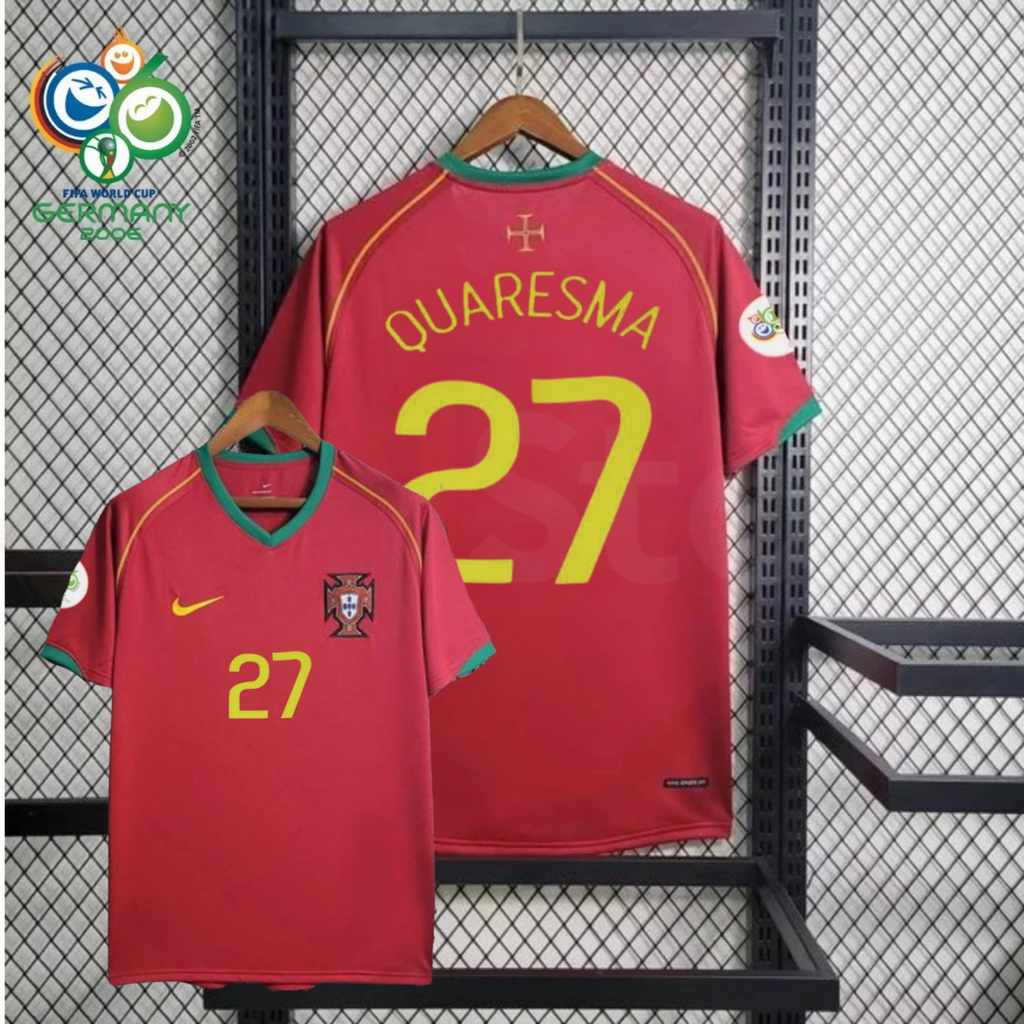 Front and back views of a red Portugal 2006 retro short-sleeve home jersey with yellow Quaresma #27 custom printing, green trim and World Cup sleeve patches.