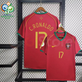 Portugal 2006 retro red short-sleeve home jersey, front and back views with gold C. Ronaldo #17 lettering, green collar and sleeve trim, national team crest and World Cup sleeve patches.