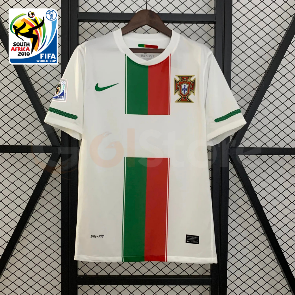 Front view of a white Portugal 2010 retro short-sleeve away jersey with central green and red panels, green sleeve trim, Portugal crest and 2010 World Cup sleeve patch.