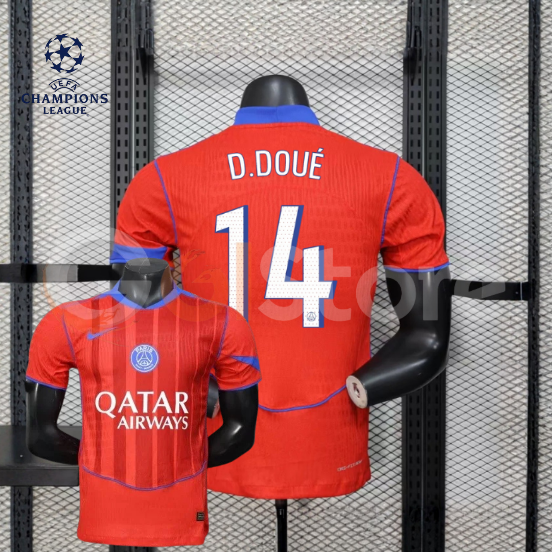 Front and back views of a red PSG short-sleeve jersey with blue trim, white D. Doué number 14 print and Qatar Airways sponsor, alongside a UEFA Champions League graphic.