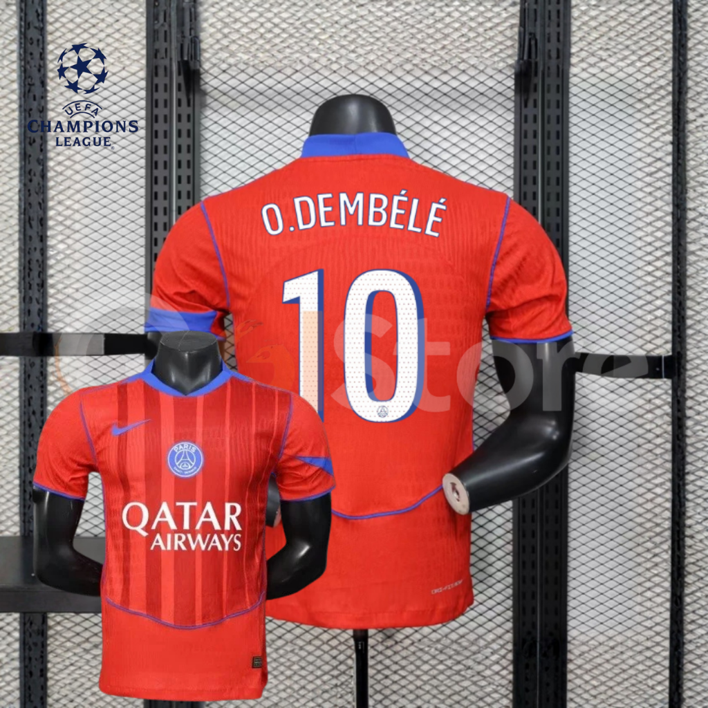 Front and back views of a red PSG short-sleeve jersey with blue trim, white O. Dembélé number 10 print and Qatar Airways sponsor, alongside a UEFA Champions League graphic.