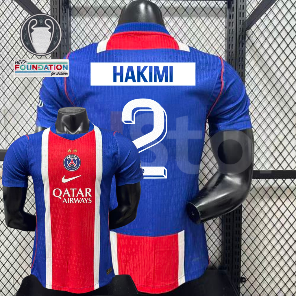 Front and back views of a blue PSG short-sleeve jersey with a red and white central stripe, Hakimi lettering and white number 2, alongside trophy and UEFA Foundation graphics.