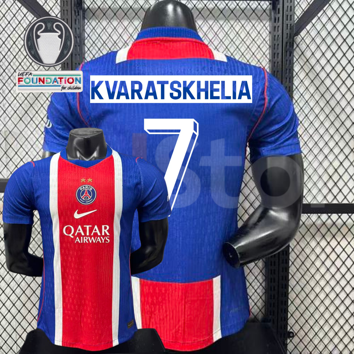 ront and back views of a blue PSG short-sleeve jersey with a red and white central stripe, Kvaratskhelia lettering and white number 7, alongside trophy and UEFA Foundation graphics.