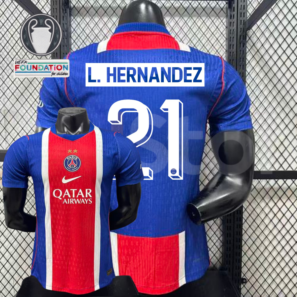 Front and back views of a blue PSG short-sleeve jersey with a red and white central stripe, L. Hernandez lettering and white number 21, alongside trophy and UEFA Foundation graphics