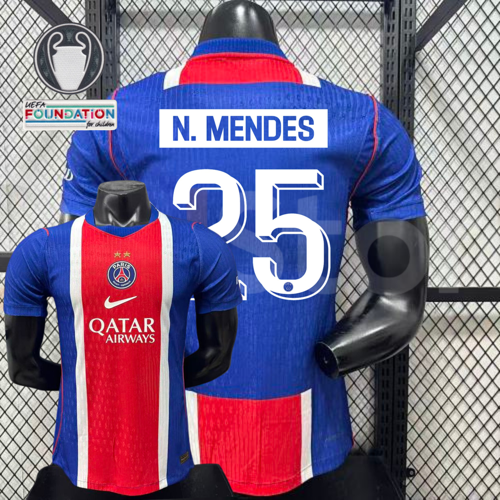 Front and back views of a blue PSG short-sleeve jersey with a red and white central stripe, N. Mendes lettering and white number 25, alongside trophy and UEFA Foundation graphics.