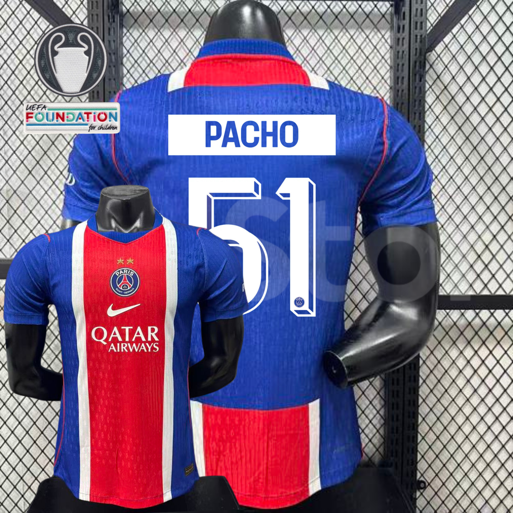 Front and back views of a blue PSG short-sleeve jersey with a red and white central stripe, Pacho lettering and white number 51, alongside trophy and UEFA Foundation graphics.