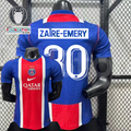 Front and back views of a blue PSG short-sleeve jersey with a red and white central stripe, Zaïre-Emery lettering and white number 30, alongside trophy and UEFA Foundation graphics.