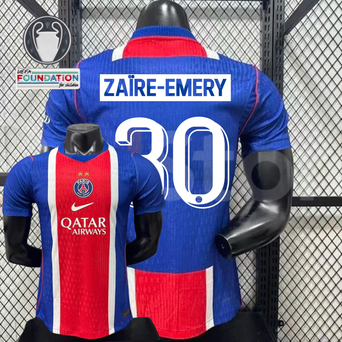 Front and back views of a blue PSG short-sleeve jersey with a red and white central stripe, Zaïre-Emery lettering and white number 30, alongside trophy and UEFA Foundation graphics.