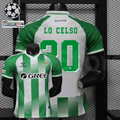 Real Betis green and white short-sleeve jersey shown from the front and back, with green LO CELSO 20 print, GREE sponsor, diagonal details and Champions League sleeve patches.
