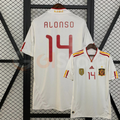 Spain white short-sleeve retro jersey shown from the front and back, with red ALONSO 14 print, red and yellow shoulder stripes and a gold FIFA World Champions chest badge.
