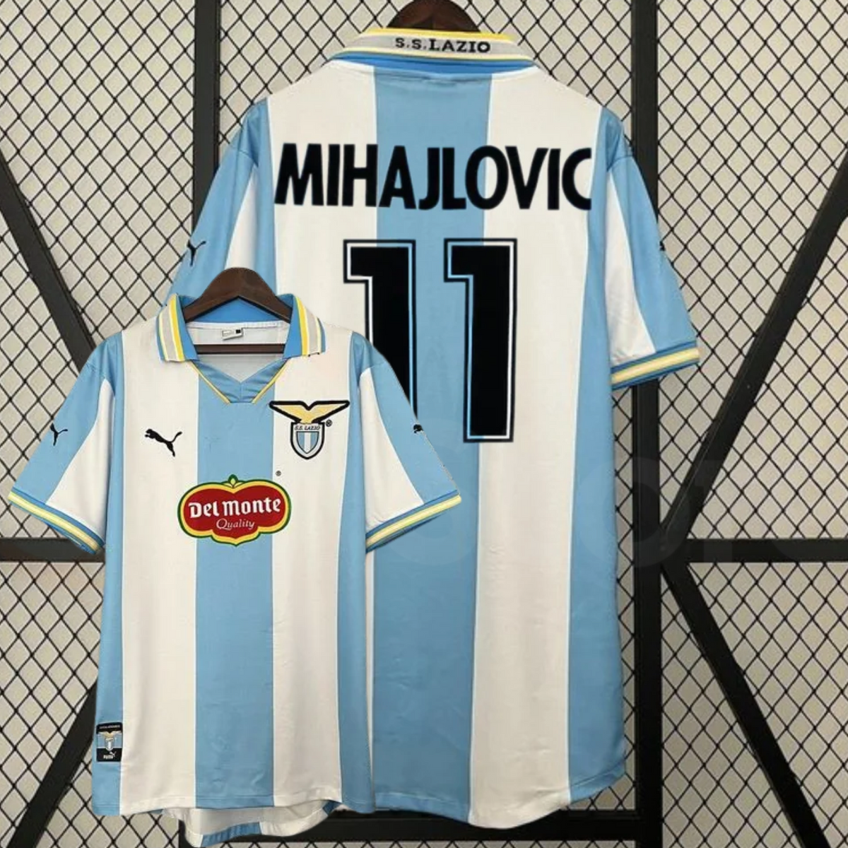 SS Lazio retro jersey shown from the front and back, with sky-blue and white stripes, black MIHAJLOVIC 11 print, short sleeves, Lazio crest and Del Monte sponsor.
