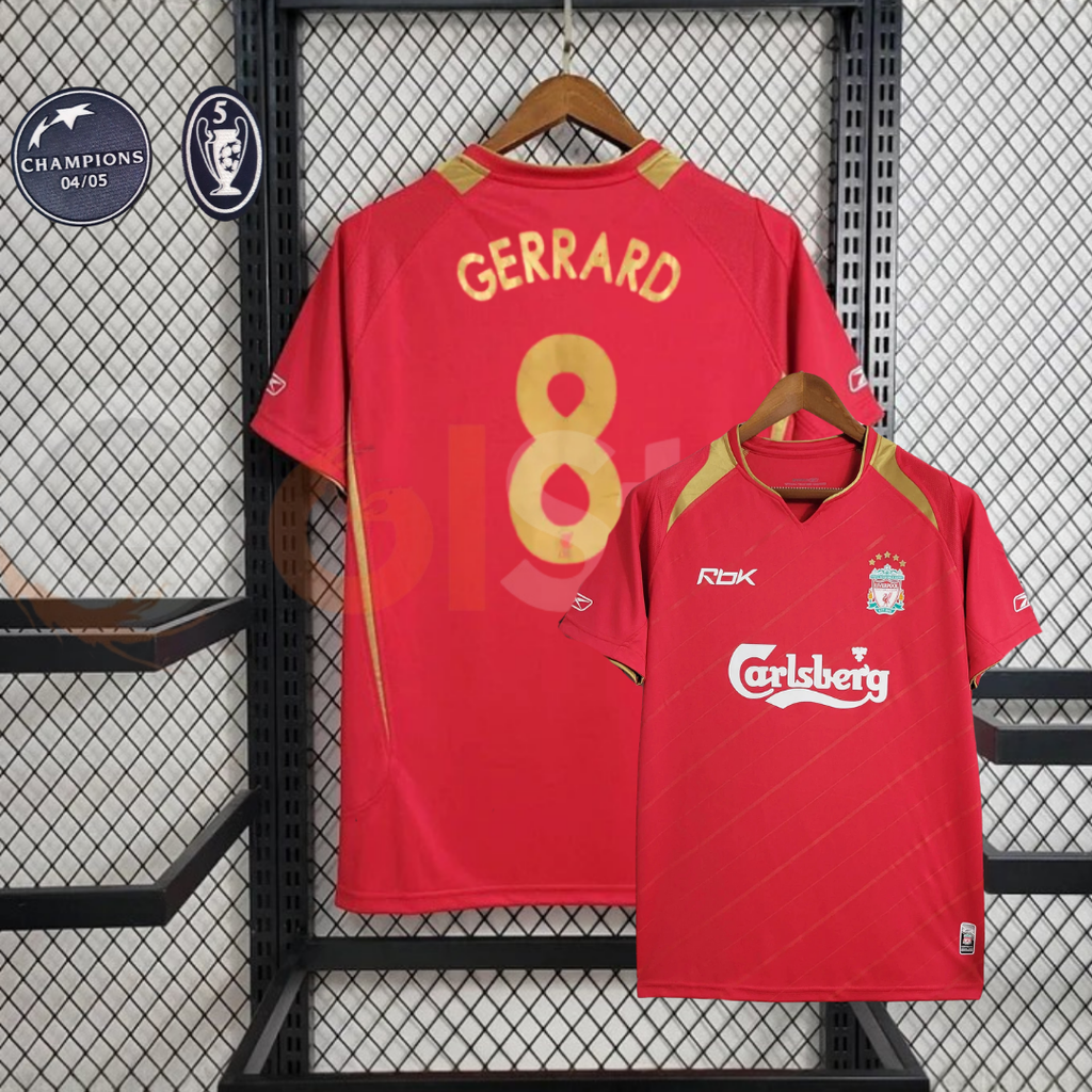 2005-2006 Liverpool Retro Red Home Short Sleeve Jersey #8 Gerrard Personalized UCL Patch