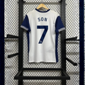 Back view of a white Tottenham Hotspur short-sleeve home jersey with navy sleeves, navy side panels and Son number 7 print.
