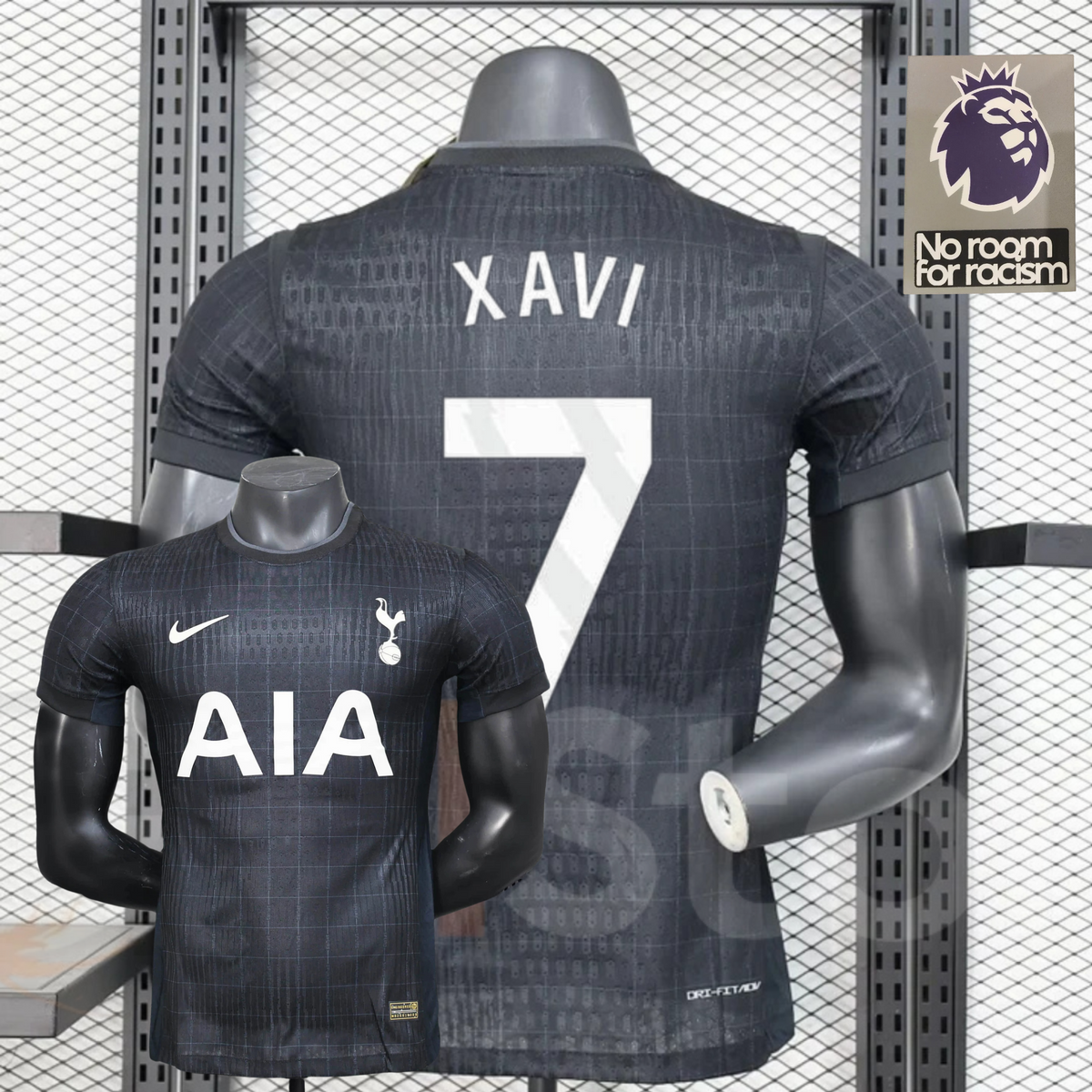  Front and back views of a black Tottenham Hotspur short-sleeve jersey with a subtle grid pattern, white Xavi number 7 print, white club crest and AIA sponsor.