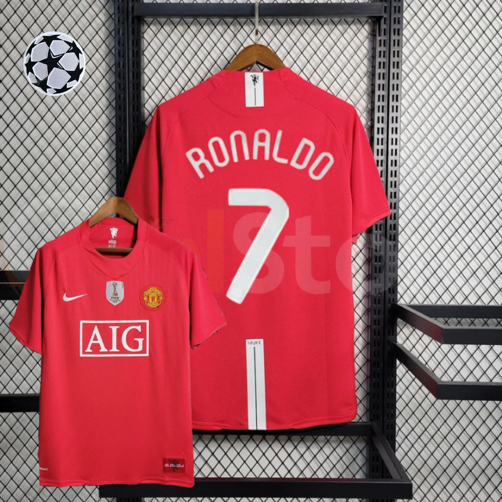 Manchester United 2007-2008 Retro Home Short Sleeve Jersey #7 Ronaldo Personalized UCL Patch Rare